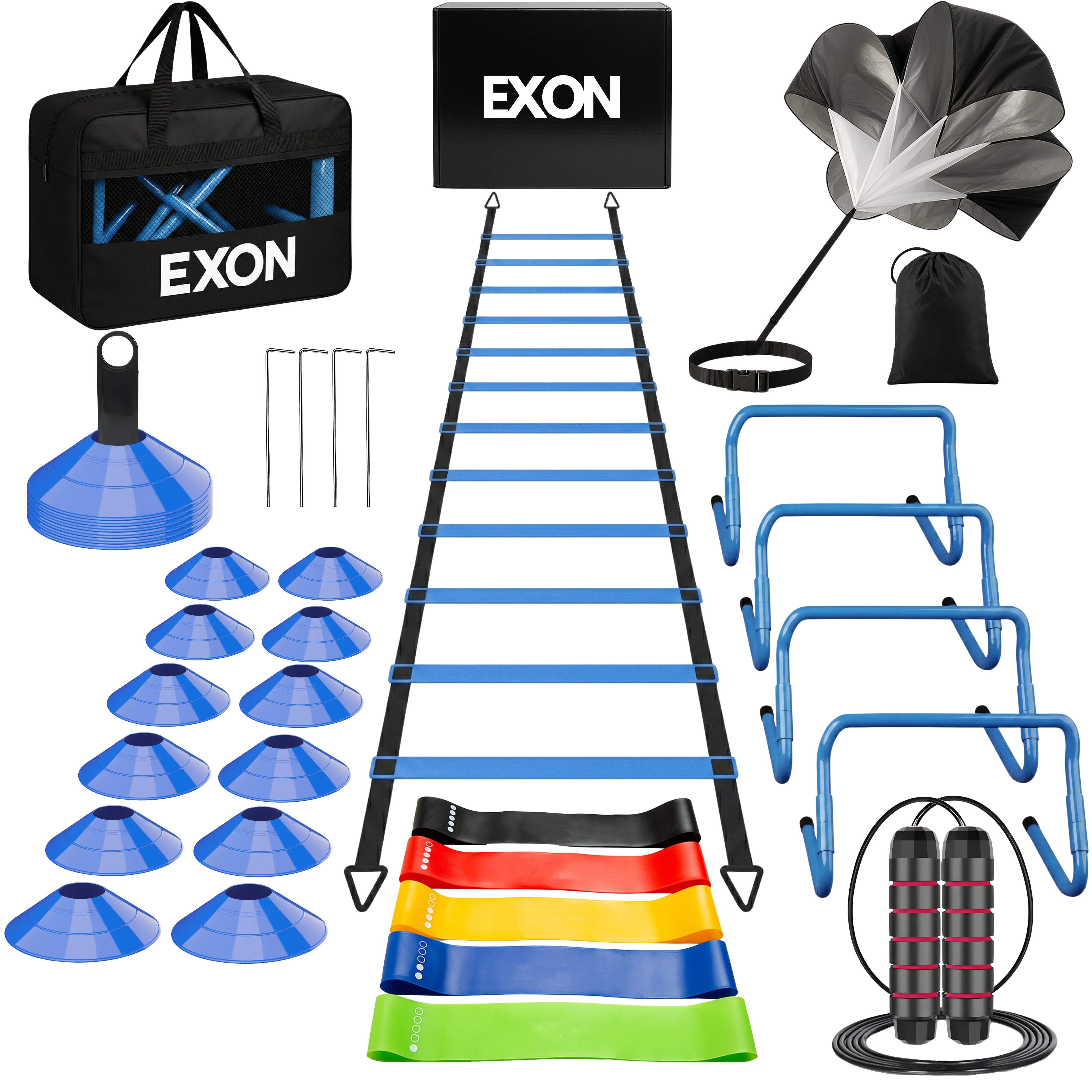Exon® Pro Fußball-Trainingsset - 26-teilig - Agility Set mit Koordinationsleiter, Hürden & Fallschirm