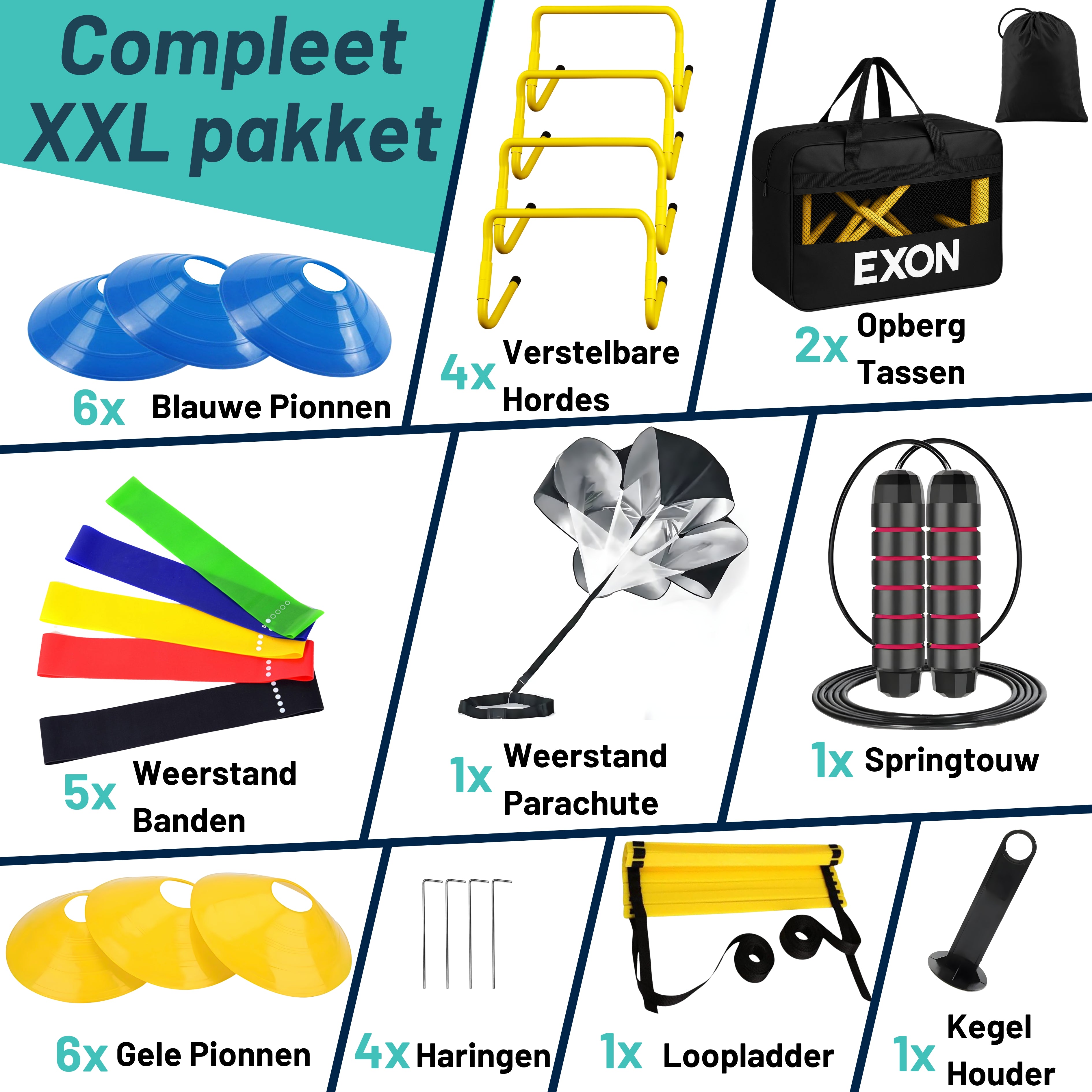 Exon® Pro Fußball-Trainingsset - 26-teilig - Agility Set mit Koordinationsleiter, Hürden & Fallschirm