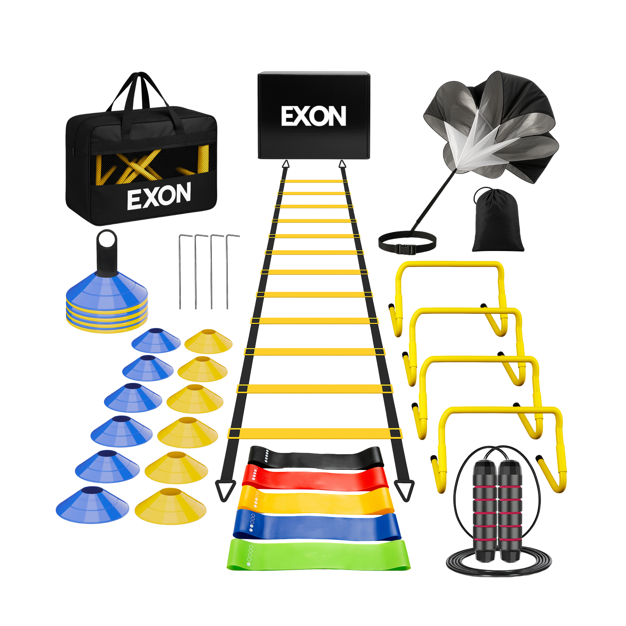 Exon® Pro Fußball-Trainingsset - 26-teilig - Agility Set mit Koordinationsleiter, Hürden & Fallschirm