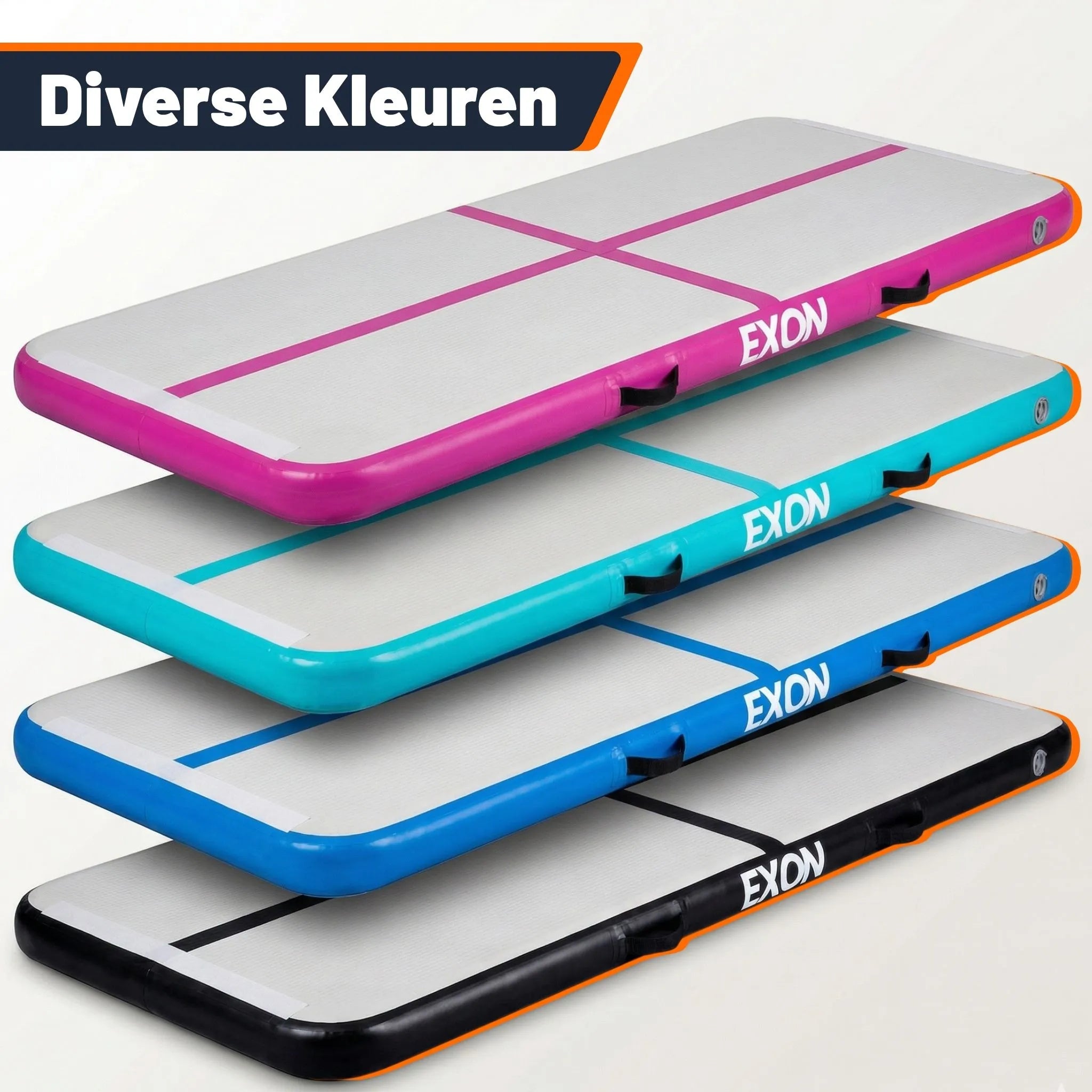 Exon airtrack opblaasbare turnmat in diverse kleuren zoals zwart, blauw, turquoise en roze